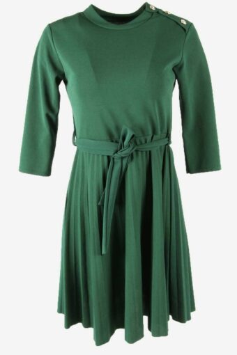 Pleated Vintage Midi Dress 3/4 Sleeve Belted Retro 90s Green Size UK 8