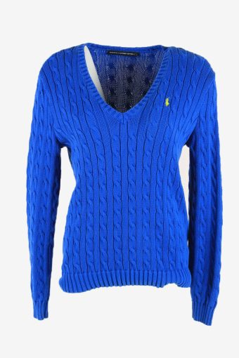 Polo Ralp Lauren Plain Sweater Vintage Jumper V Neck 90s Blue Size L