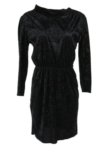 Velvet Midi Dress Vintage High Neck Elastic Waist Party 90s Black Size S