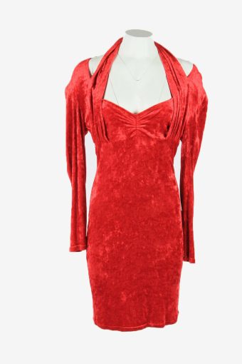Velvet Midi Dress Vintage Scoop Neck Elastic Waist Party Style Red Size L