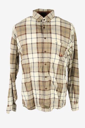 Vintage Flannel Shirt Check Long Sleeve Button 90s Cotton Beige Size M