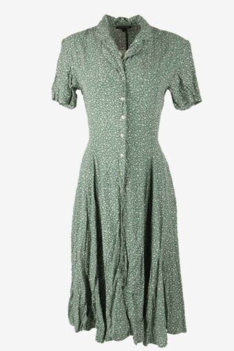 Vintage Floral Midi Dress Collared Neck Adjustable Waist 90s Green Size 38