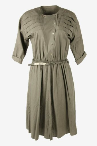 Vintage Long Dress Belted Lined Crew Neck Retro 90s Grey Size UK 14
