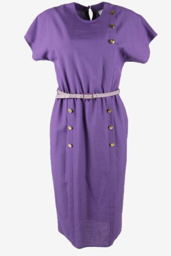 Vintage Long Dress Crew Neck Elasticated Waist Belted 90s Purple UK 8