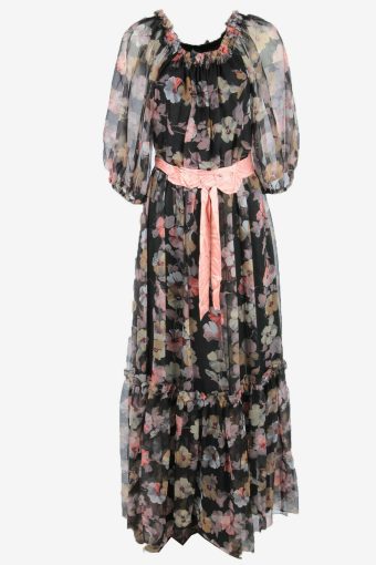 Vintage Maxi Dress Floral Round Neck 3/4 Sleeve Formal Black Size S