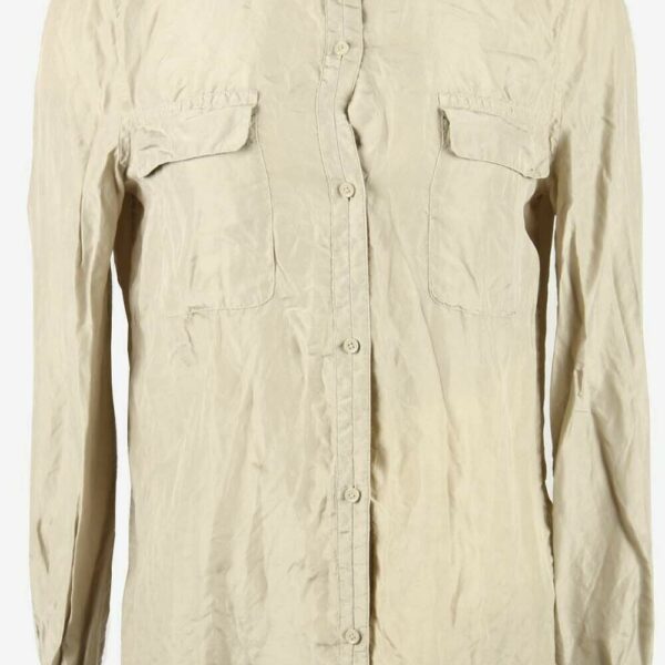 100% Silk Top Blouse Button Down Collarless Retro 90s Beige Size S