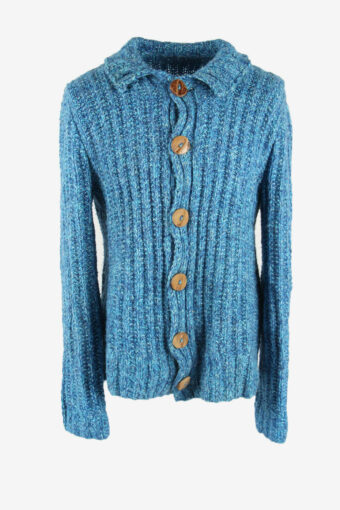 Cardigan Vintage Cable Knit Collared Winter Warm Retro Blue Size M