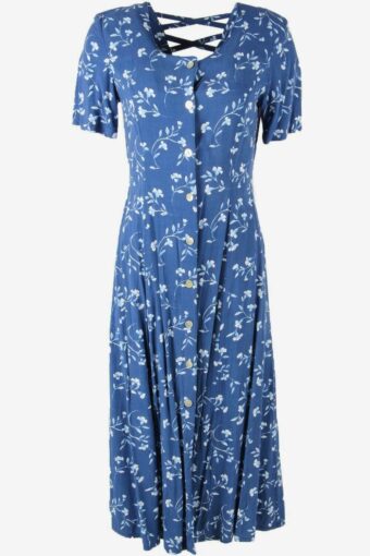 Floral Long Dress Vintage Scoop Neck Adjustable Waist 90s Blue UK 10