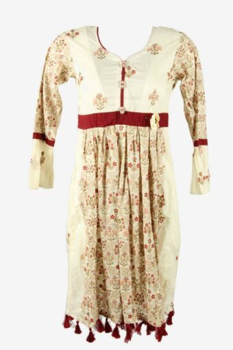 Floral Midi Dress Vintage Long Sleeve Tassel Elegant 70s Beige Size S