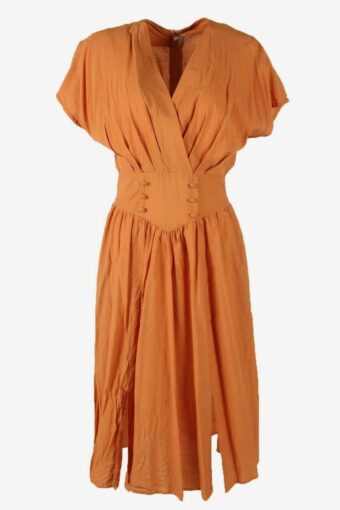 Long Vintage Dress V Neck Button Detail Retro 90s Orange Size UK 12