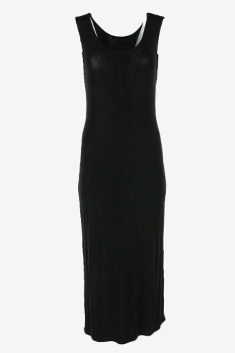Plain Maxi Dress Vintage Round Neck Elastic Waist Black Size One Size