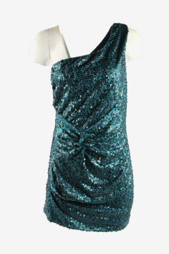Sequin Short Dress Vintage Asymmetric Neck Party 90s Turquoise Size L