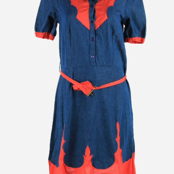 Vintage 90s Plain Dress Collared Button Up Belt Midi Women Blue Size L