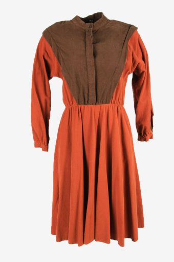 Vintage Corduroy Midi Dress Plain Collared Long Sleeve Brown Size M