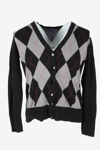 Vintage Diamond Cardigan Button Up V Neck Jumper Golf 90s Black Size L