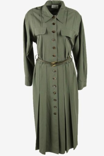 Vintage Long Dress Collared Elasticated Waist Belted 90s Khaki UK 16